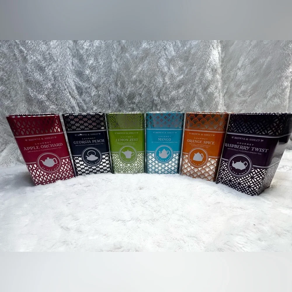 (6) EMPTY METAL TIN TEA BAG CONTAINERS VASES PEN HOLDERS ORGANIZERS NO LIDS